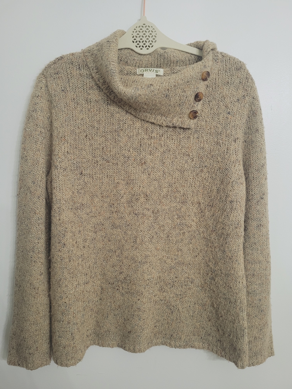 Orvis Women's Taupe Button-Cowl Neck Sweater Medium